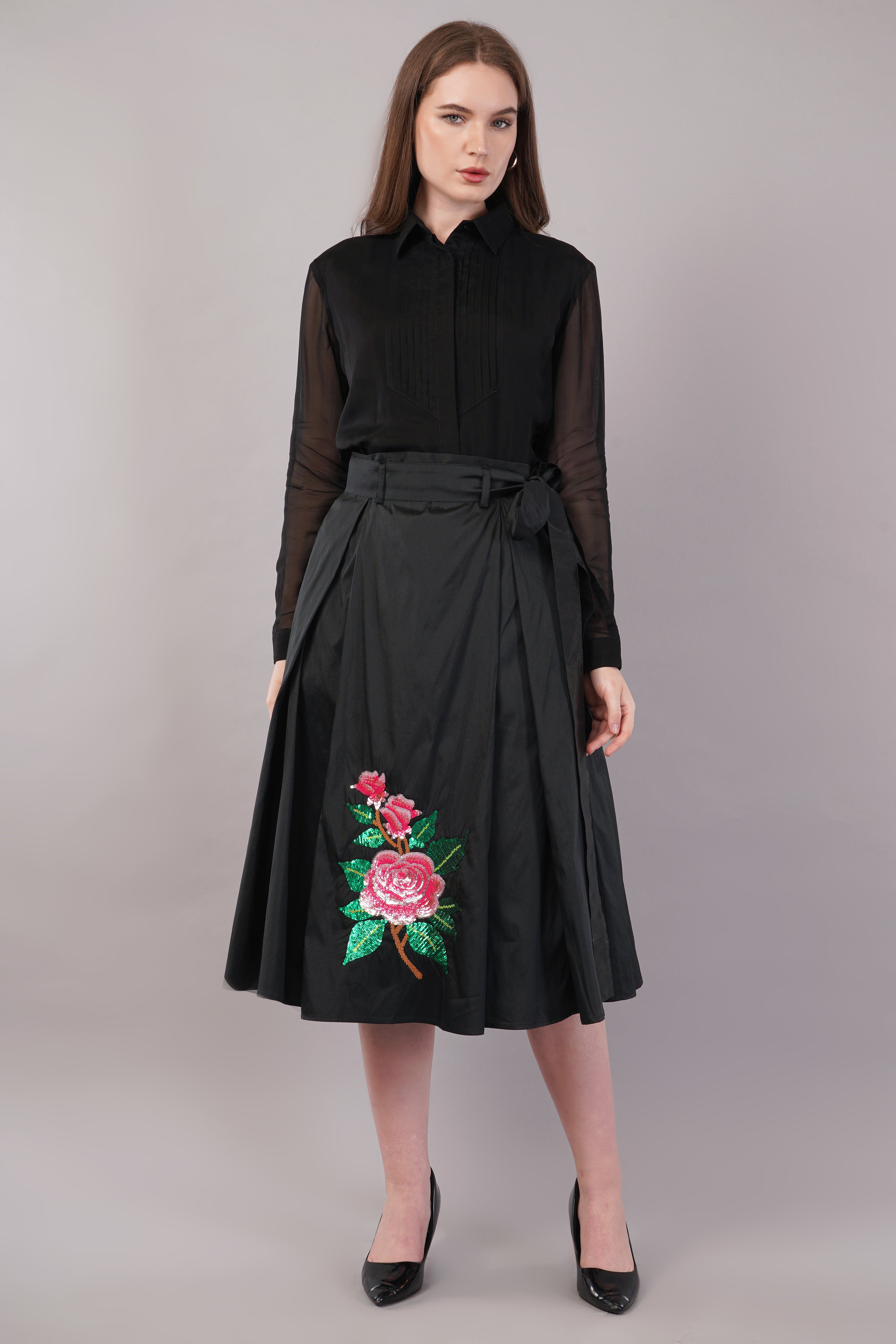 Hand Embroidered Black Silk - Riyasat Skirt