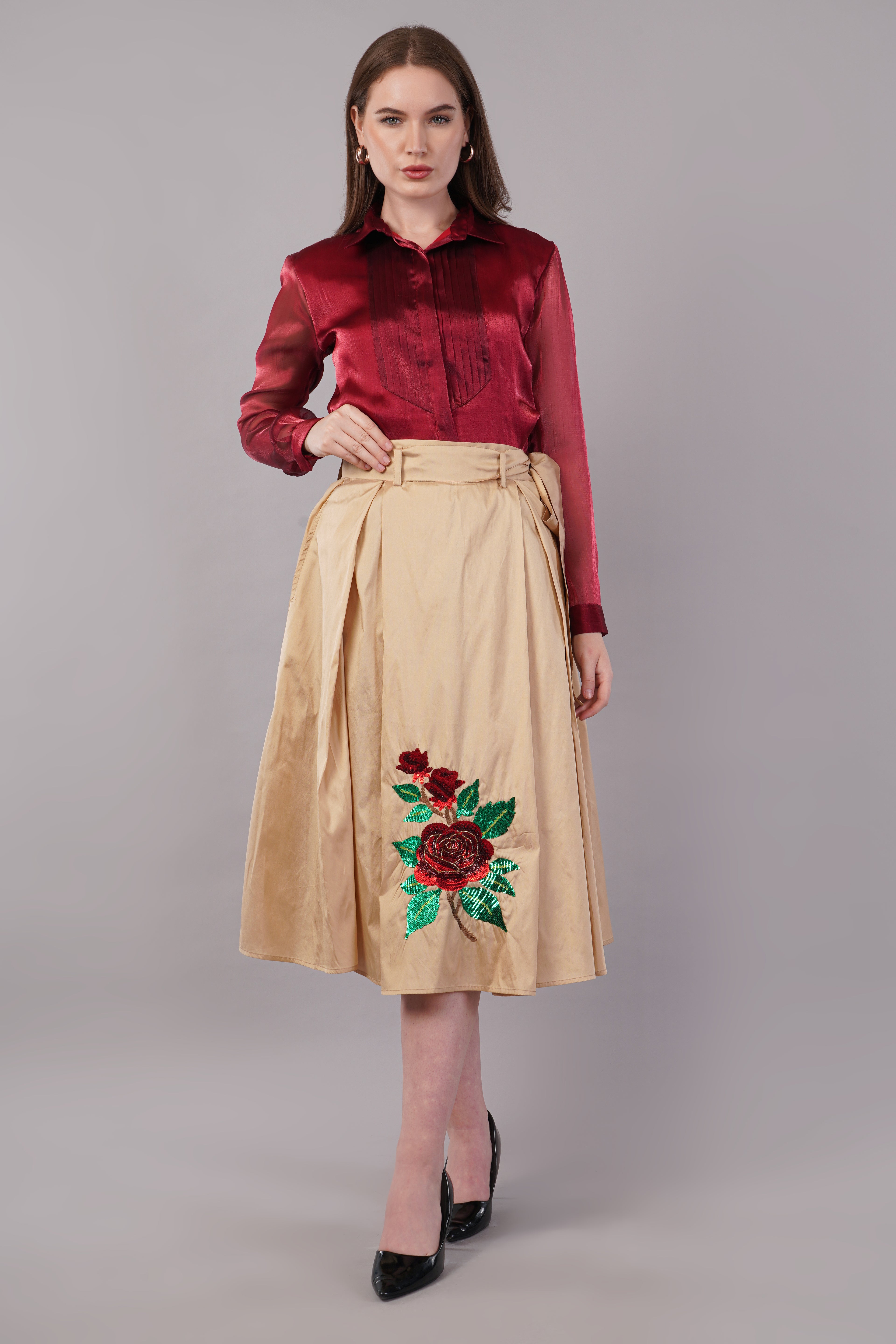 Beige Silk Hand Embroidered - Riyasat Skirt